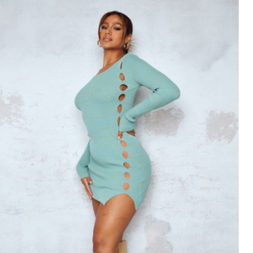 PrettyLittleThing Teal Long Sleeve Dress with Cut-Outs